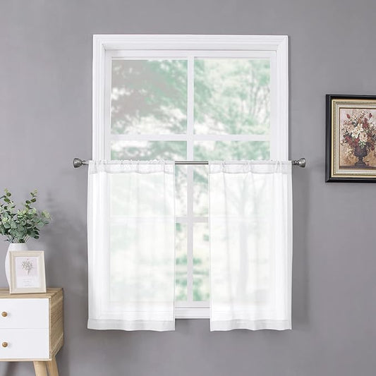 Tollpiz Sheer Tier Curtain Linen Textured Half Kitchen Curtains Sheer Light Filtering Rod Pocket Voile Small Curtains for Bathroom, 25 x 36 inches Long, White, Set of 2 Panels