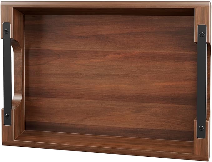 Acacia Wood Serving Tray with Metal Handles, 15x10 Inch Decorative Tray for Coffee Table Ottoman - Rustic Wooden Breakfast & Drink Tray, Farmhouse Centerpiece