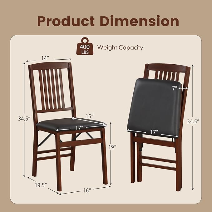 POWERSTONE Folding Dining Chairs Set of 4, Space Saving Foldable Kitchen Chairs with Padded Seat, Slatted Backrest, Solid Wood Frame, No Assembly for Dining Room Apartment Small Spaces