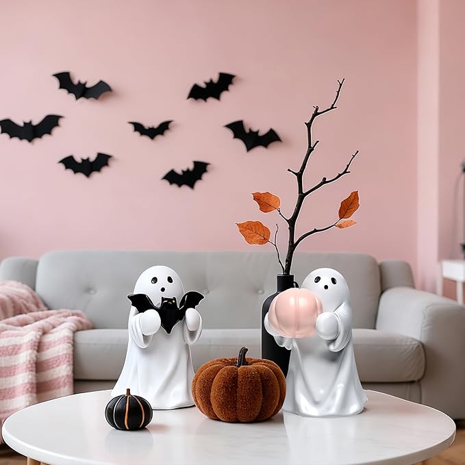 2Packs Halloween Ghost Figurine Decor,Cute Hallowen Statue for Home Decorative, Funny Spooky Hugging Pumpkins & Bats Figurine Hallowee Decor for Desk Office Table Centerpieces Ornament