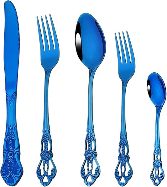 Elegant Blue Silverware Set with Steak Knives 5 Piece Flatware Sets for 1 Utensils, 18/10 Stainless Steel Black Gold Cutlery Set Include Knifes Forks Spoons, Mirror Polished Dishwasher Safe