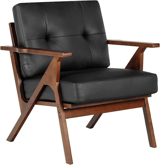 AODAILIHB Mid Century Modern Accent Chair, Retro Wood and Leather Armchairs, Vintage Reading Side Chair Comfy Accent Sofa for Living Room, Bedroom, Studio, Office (1, Black)