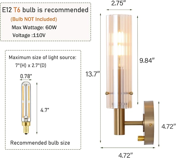 Modern Wall Sconces with Striped Amber Glass Shades Gold Brushed Brass Bathroom Vanity Light Fixtures Dimmer ON/Off Switch Indoor Wall Light for Mirror Living Room Bedroom Hallway Staircase