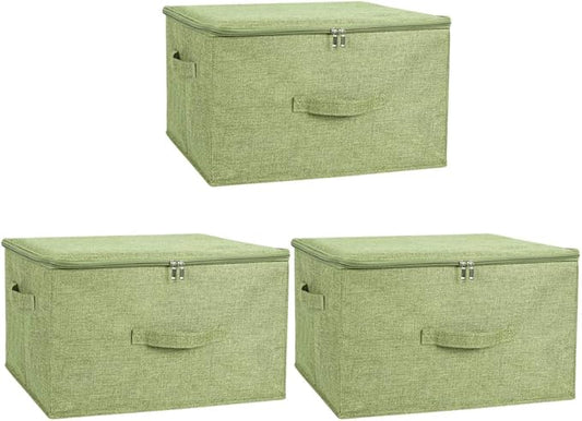 ANMINY 3PCS Storage Bins with Zipper Lids 51.9 Qt Lidded Fabric Storage Boxes Baskets Cubes with Handles Collapsible Washable Cotton Linen Closet Shelf Clothes Organizer - Green, Extra Large