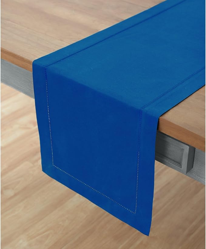 Solino Home Blue Hemstitch Table Runner 36 Inches - Cotton Linen Small Table Runner 14 x 36 Inch Ideal for Dresser and Coffee Tables - Christmas
