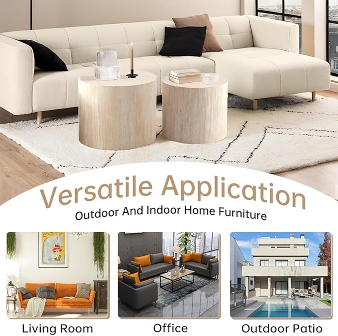 Round Nesting Coffee Table Set of 2 Modern Small Round Coffee Table Travertine Side Table Small End Table Circular Coffee Tables Circle Nested Coffee Tables for Living Room (Travertine)