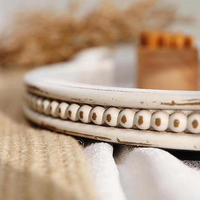 Hanobe Decorative Serving Tray Wood: White Washed Bead Oval Tray for Coffee Table Rustic Wooden Trays Decor Farmhouse Kitchen Counter Tray Vintage Centerpiece for Living Room Home Organizer