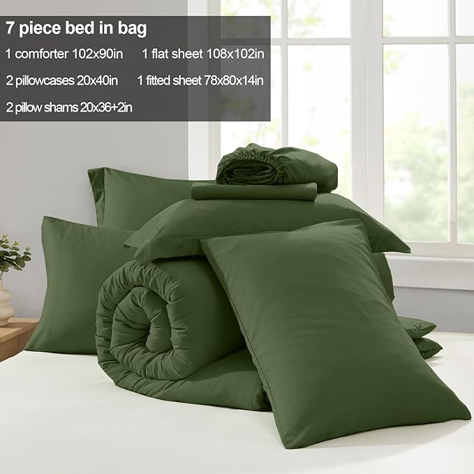 Homelike Moment King Size Comforter Set 7 Piece, Olive Green Bed in a Bag King Size Bed Set Lightweight and Machine Washable