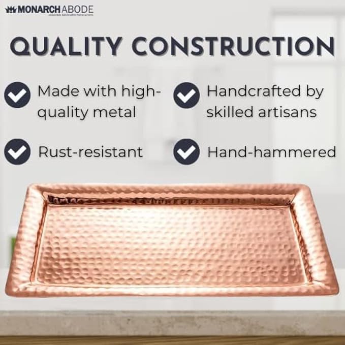 Monarch Abode Hand Hammered Metal Serving Tray, 12-Inch Copper Plated – Rectangle Serving Platter, Small Serving Tray for Party, Fruit Platter, Dessert Trays, Serving Dishes