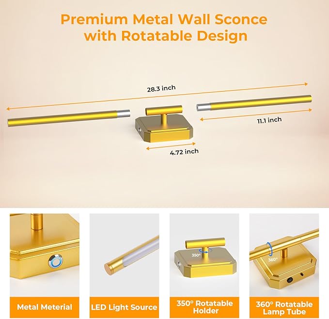 10000mAh Battery Operated Wall Sconce Detachable, Wireless Wall Lamp 3000-6500K Dimmable, Modern Rechargeable Wall Light for Bedroom, Living Room, 28.3" Gold (1 Pack)