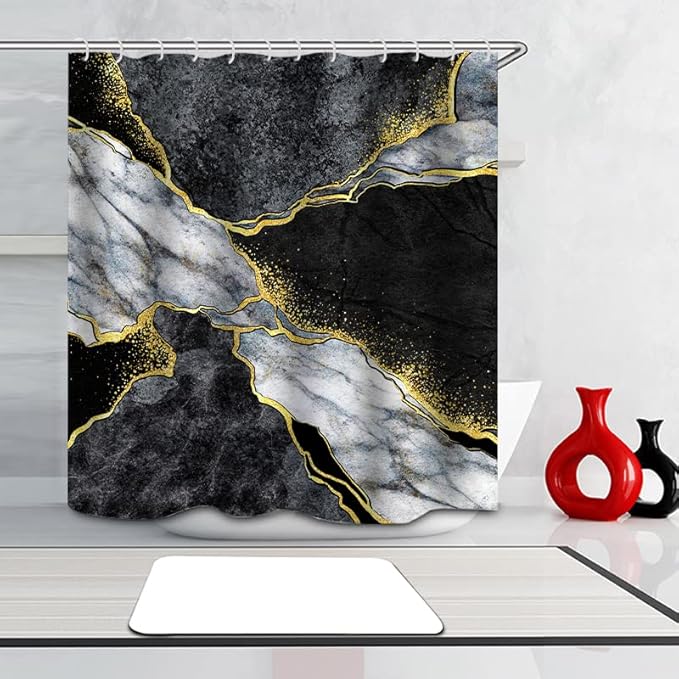 Domoku Black Gold Marble Shower Curtain, Modern Abstract Design, Waterproof Washable Fabric, 72 X 72