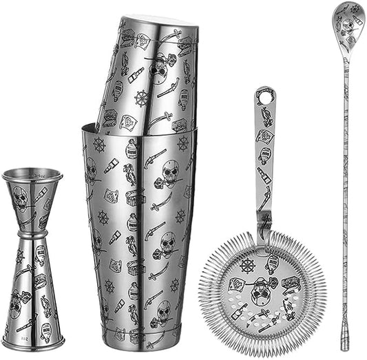 Cocktail Shaker Set - 5-Piece Bar Accessories Kit w/Weighted Boston Shaker, Strainer, Jigger, Mixing Spoon with Etched Skull Rose Pattern