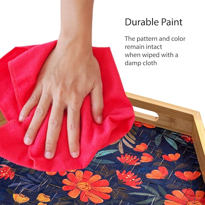 PEMAR 15.7" Hexagonal Bamboo Tray for Serving Coffee, Breakfast, Bread, Food, Art Decor. Decorative Pattern Tray for Coffee Table, Kitchen Counter, Vanity, Bedroom, Ottoman, Home Decor (Flowers)