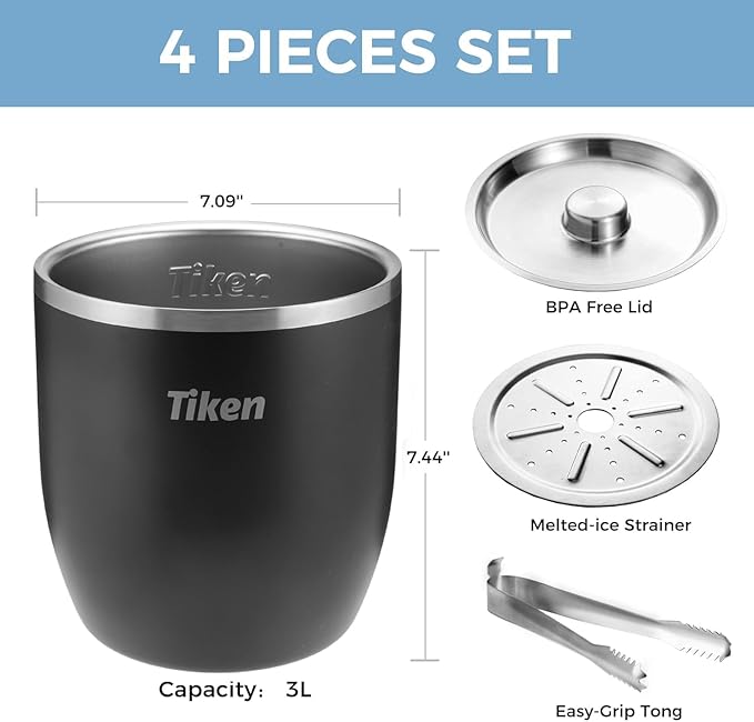 3L Double-Wall Vacuum Insulated Ice Bucket with Lid & Tong Stainless Steel Champagne Buckets for Cocktail Bar, Parties & Outdoor