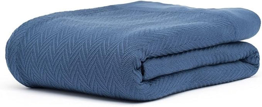 Multipurpose Blanket, Twin Size 100% Extra Long Staple Cotton, Herringbone Weave, Blue, Soft & Breathable, Ideal for All Seasons
