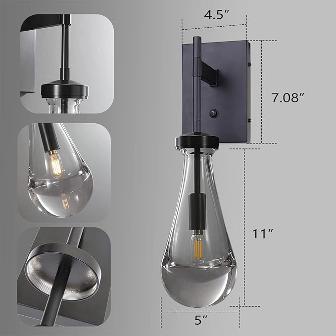 HuisMier Black Wall Sconces, Raindrop Sconces Wall Lighting with On/Off Switch Button, Modern Clear Glass Vanity Light Fixtures Raindrop Wall Sconce for Bathroom Bedroom Living Room Hallway