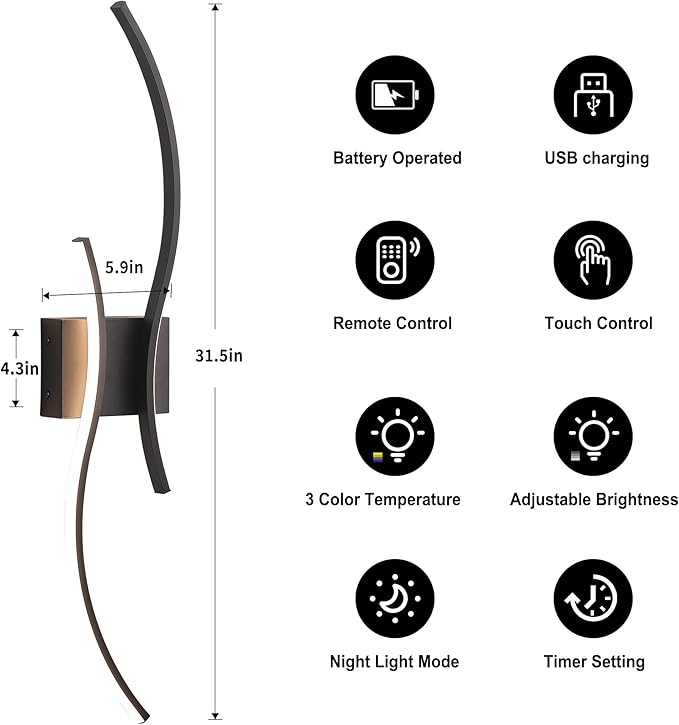 Battery Operated Wall Sconces Set of Two with Remote Control, Stepless Colors 3000K-6000K & Dimming, LED Black Wireless Wall Light for Living Room, Hallway, Bedroom, 31.5 Inch (2 Pack)