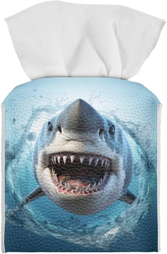 Shark Tissue Box Cover Square Tissue Holder for Home/Bathroom Decor Blue Leather Tissue Box Holder Desk Accessories Napkin Organizer Dispenser Tissue Cube Box Cover