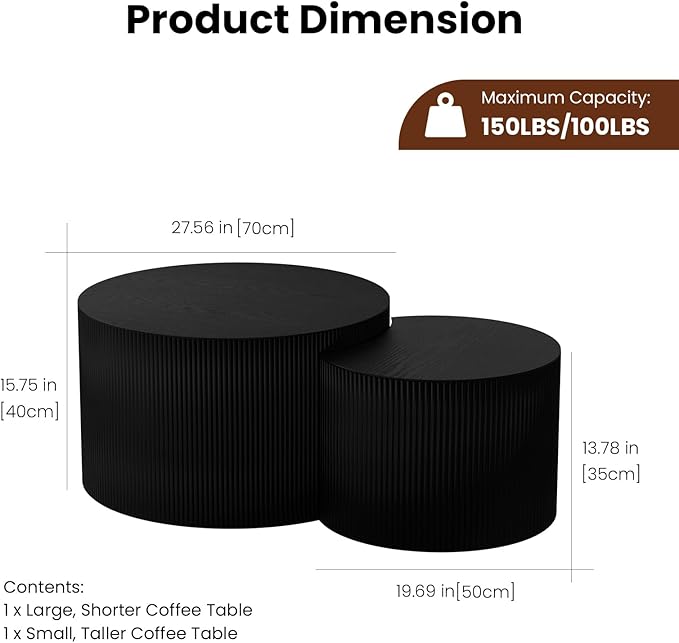 Nesting Coffee Table Set of 2 Modern Round Coffee Table with Non-Slip Feet Wood Drum Circle Accent Tables End Table Set for Living Room Bedroom Office (Black Crescent Set)