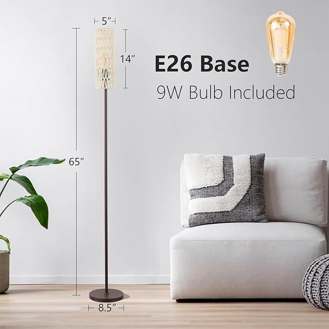 Floor Lamp for Living Room,Farmhouse Rattan Floor lamp,Modern Standing lamp with Hand-Worked Rattan Shade,Black Tall Lamp with Foot Switch，LED Bulb Included Brown