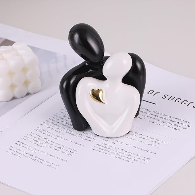 Mini Couple Statue Tv Stand Decor Items for Living Room,Bedroom Decor for Couples Sculpture Knick Knacks for Shelves,Couple Gifts for Her,Show Pieces for Home Decor (Black and White Gold Heart)