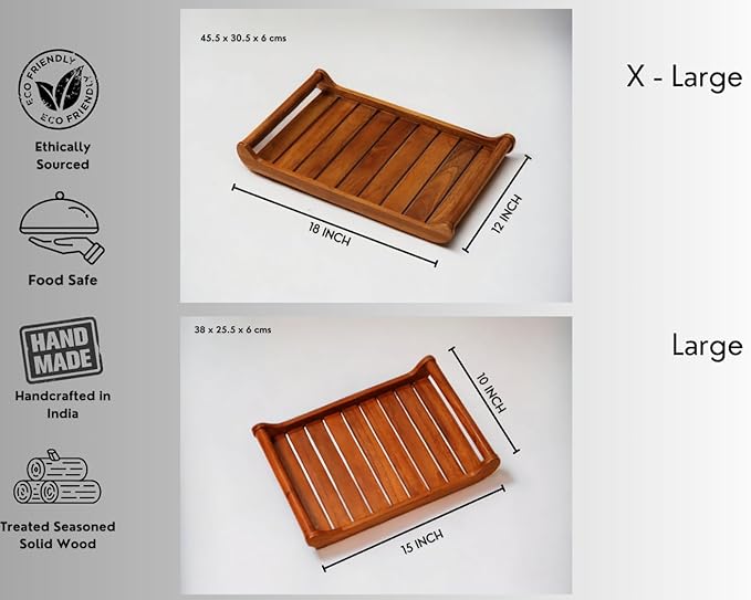 Vesta Homes Set of 2 Romper Teak Wood Rectangular Serving Tray for Home/Kitchen/Restaurant/Office Organizer/Dining Table|Premium Wooden Trays| 18 X 12 ; 15 x 10 inches | Handcrafted in India