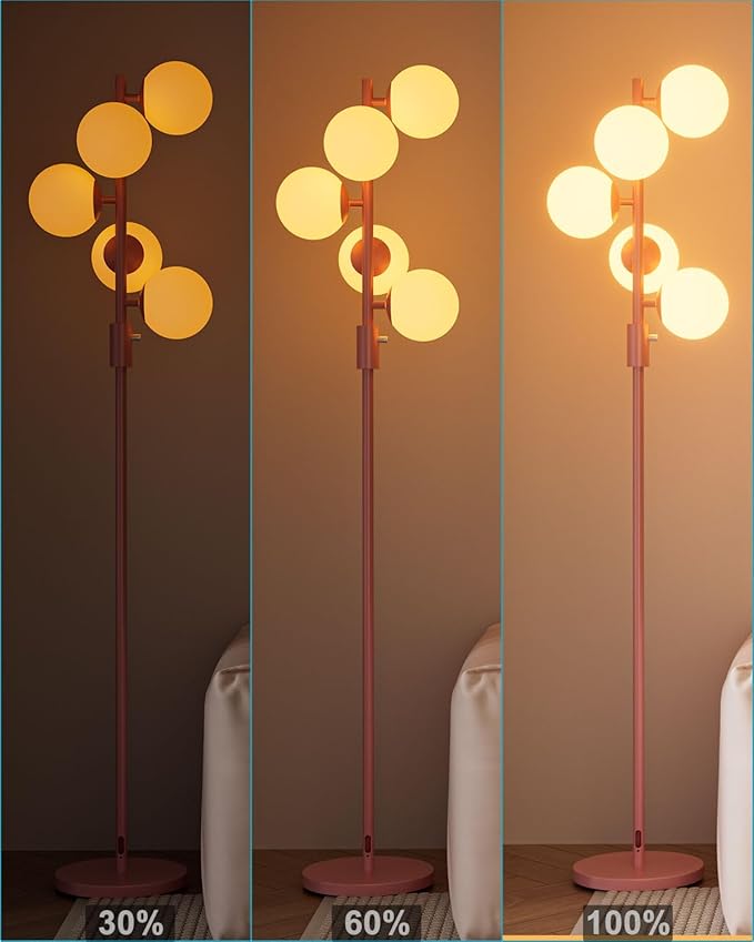 64IN Dimmable Pink Floor Lamp, Tall Standing Lamps with 5 Globe Soft Warm White Eye Care 3000K G9 Bulbs, Mid Century Modern Floor Lamp for Living Room Bedroom Office