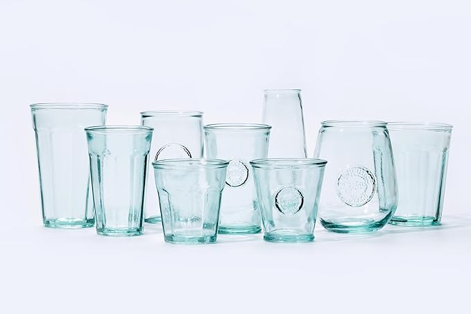 Small Drinking Glasses 8 Oz, Made Of 100% Recycled Glass Drinking Glasses Set Of 6, Authentic Embossed Old Fashioned Glasses, Ideal for Water, Milk, Juice, Espressos, Made In Spain.