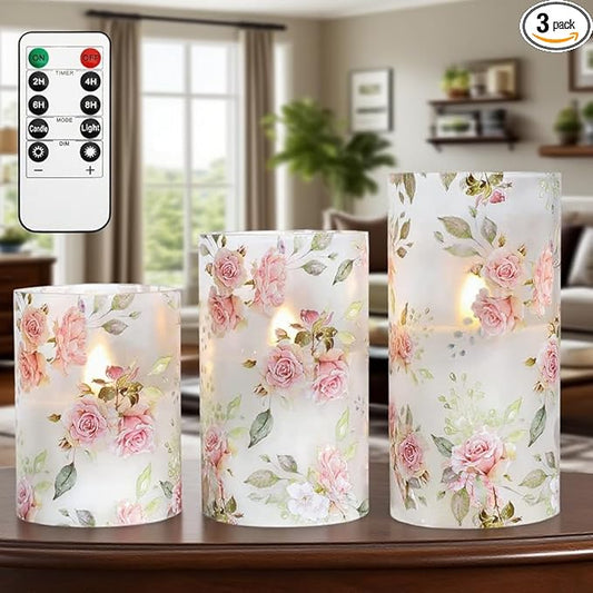 Rose Flameless Candles Love Theme Battery Operated Glass Flickering LED Candle with Remote Pink Flower Decal Realistic Pillar Candles Bedroom Home Decor Table Ornament