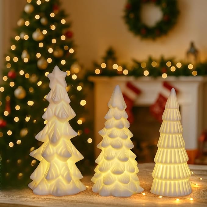 Lighted Ceramic Christmas Tree Decor 3Pcs Small White Christmas Trees with Lights Xmas Tree Figurines for Tabletop Mantel Shelf Fireplace Holiday Decorations for Home and Gift