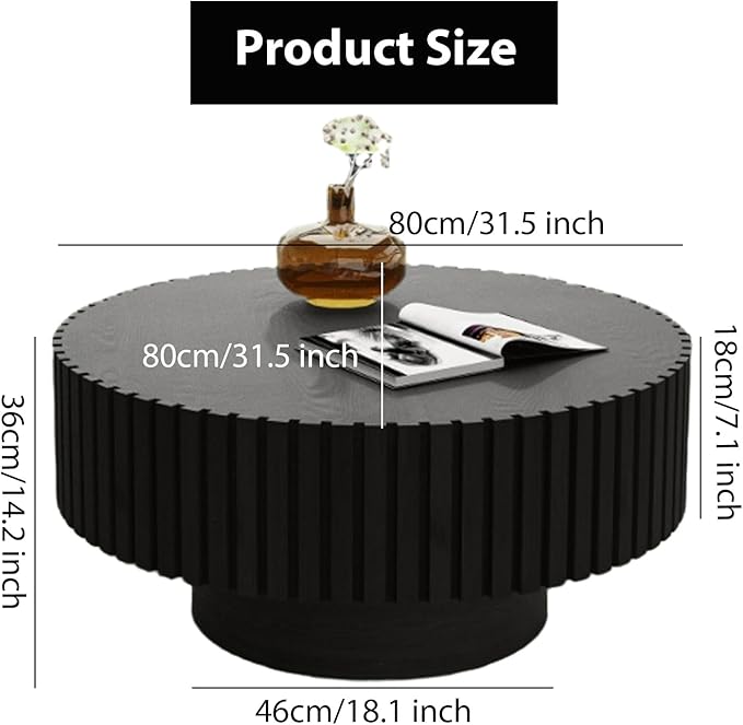 Round Fluted Coffee Table Mid Century Modern Coffee Tables with Handcrafted Relief Circle Drum End Table Rustic Industrial Center Tables for Apartment Living Room (Black Round)