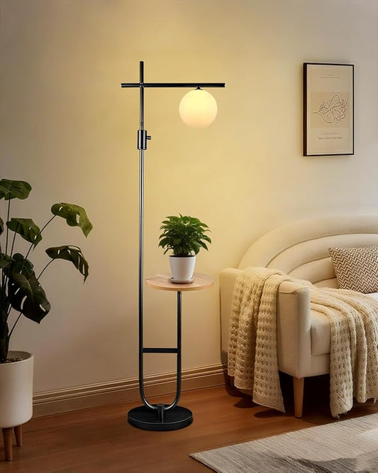 Lightdot 66IN Black Dimmable Floor Lamps with Storage Table, Modern Standing Tall Lamp with Milky White Globe Lampshade, Cross-Shaped Lamp Head and U-Pole Base Style for Living Room/Bedroom/Office