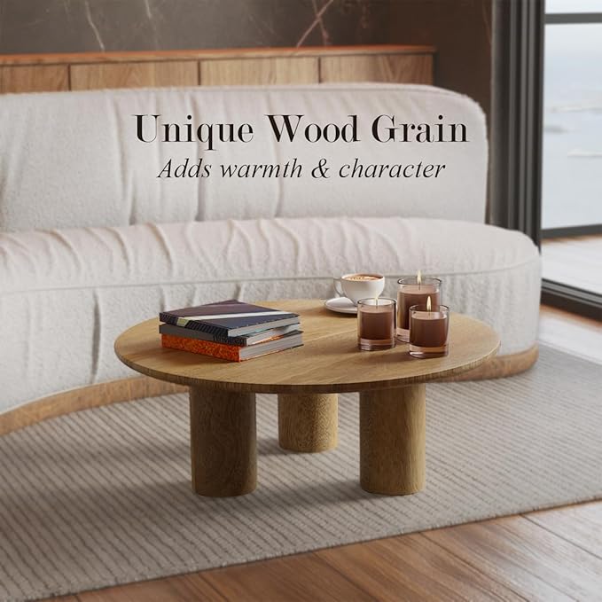 Relso Gaia Round Coffee Table, Natural Mango Wood Coffee Table with Wood Grain and Sturdy Finish | Perfect for Living Room and Farm House - Sturdy, Durable, Ideal for Patio Decor (Natural, 14 inch)