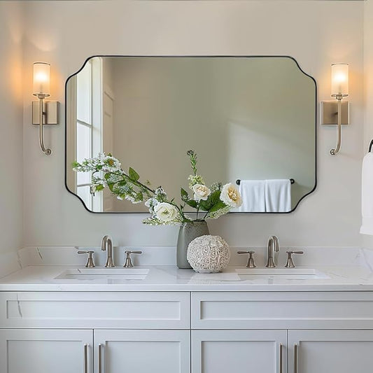 ANDY STAR 30x48 Inch Brushed Nickel Mirror, Large Silver Rectangle Mirror, Unique Scalloped Edge Design with Anti-Rust Stainless Steel Metal 1’’ Frame, Wall Mounts Vertically or Horizontally