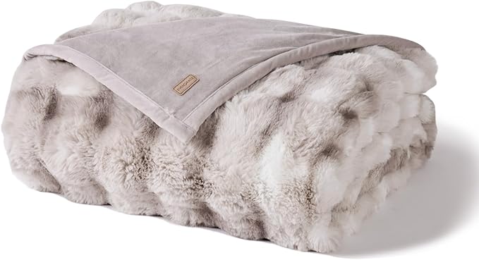 EverGrace Ultra Soft Luxury Fluffy Faux Rabbit Fur Throw Blanket, Thick Warm Bubble Throw for Bed, Cozy Plush Reversible Blankets for Couch, Chair, Sofa, Light Grey, 80x90 Inches