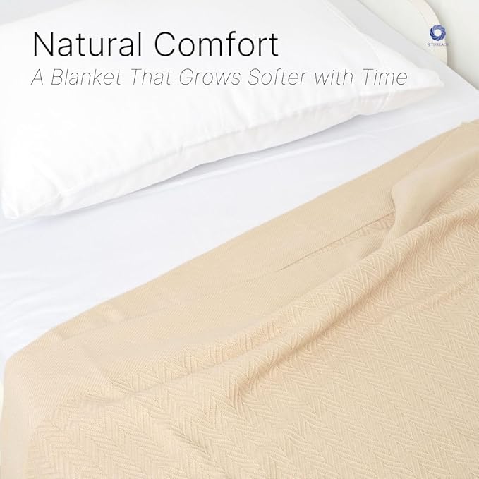 Queen Size Multipurpose Blanket, 100% Extra Long Staple Cotton, Soft & Breathable Herringbone Weave, Beige, Lightweight, Machine Washable, All-Season Throw Blanket for Bedroom & Travel