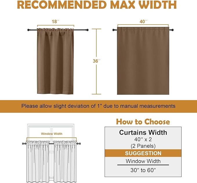 Aiyufeng Brown Short 36 Inches Blackout Curtain 2 Panels Set, Half Window Rod Pocket Privacy Curtain Tiers for Kitchen, Curtains Blackout for Bathroom Shades, W40 x L36 Inch, Brown