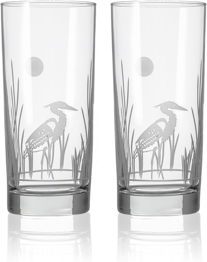 Rolf Glass Heron Highball Glass | 15oz Set of 2 Cooler Glasses | Lead-Free and Engraved | Heavy Base | Designed and Engraved in the USA | Coastal Glassware with Bird Design