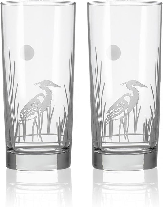 Rolf Glass Heron Highball Glass | 15oz Set of 2 Cooler Glasses | Lead-Free and Engraved | Heavy Base | Designed and Engraved in the USA | Coastal Glassware with Bird Design
