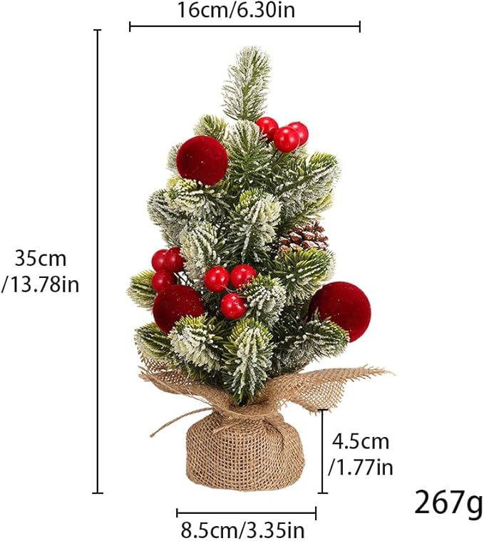 Burlap Small Christmas Tree Decor with Lights - Mini Tabletop Artificial Tree Centerpiece for Indoor Home Office Desk Holiday Decorations(Red Ornament)