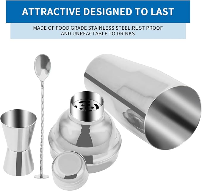 24oz Cocktail Shaker Bar Set, Martini Shaker with Built-in Strainer, Measuring Jigger, Mixing Spoon, Professional Stainless Steel Large Bartender Drink Shaker Margarita Alcohol Mixer-Silver