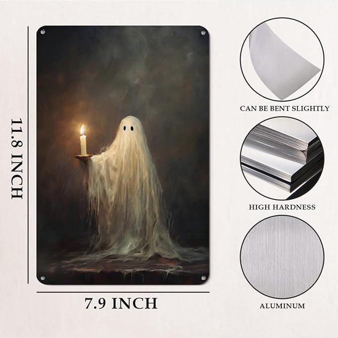 Halloween Ghost Wall Art Decorations Outdoor Indoor Halloween Party Decorations Spooky Home Decor Gifts Vintage Dark Candles Metal Aluminium Plate Sign for Porch Yard Kitchen Bedroom Bathroom