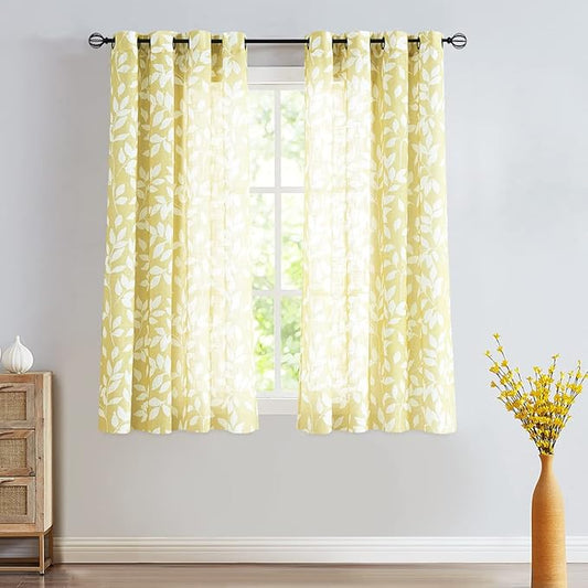 Yellow White Curtains for Living Room 63" Length Leaves Print Semi-Sheers Curtains for Kid's Room Windows, Mustard Yellow, Grommet Top, 2 Pack