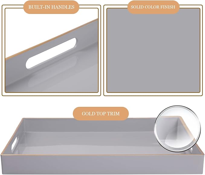 MAONAME Gray Serving Tray with Handles, Rectangular Decorative Tray, Modern Coffee Table Trays, Plastic Ottoman Trays for Bathroom, Decor, 15.7” x 11.8” x 1.57"