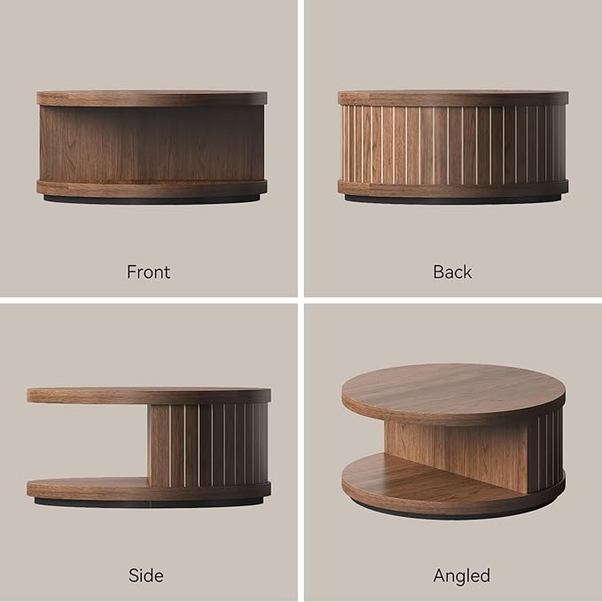 31-Inch Round Wood Coffee Tables for Living Room, with 2-Tier Shelf Fluted Center Tables, Modern Wooden Circle Unique Tea Tables with Open Shelves for Home Apartment Small Spaces, Walnut