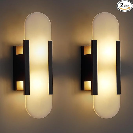 13.8in Alabaster Wall Sconces Set of Two, Natural Marble Wall Lighting，Alabaster Wall Lamp for Bedroom Stairs, Living Room, Vanity, Hallway Bedside(Bulb Included)