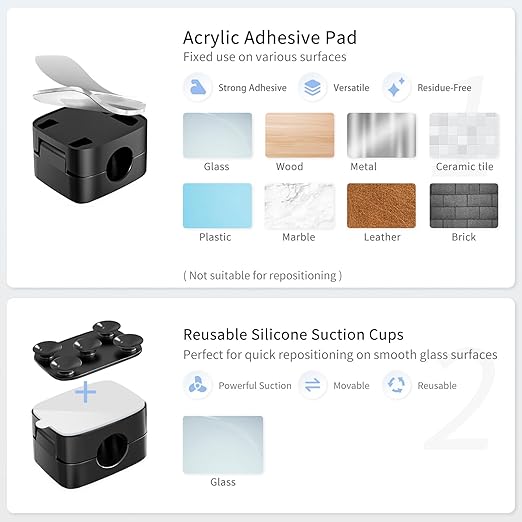 6-Piece Magnetic Cable Clips Set with 6 Silicone Suction Cups for Cable Management | Magnetic Cord Holder and Organizer Keeper for Home Office, Desk, Phone, Car, Wall, and Nightstand