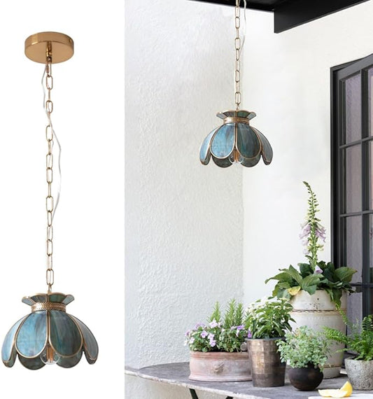 Yifi Mini Lotus Pendant Light Fixture, Vintage Brass Ceiling Pendant Lighting, Lotus Flower Glass Hanging Lamp for Kitchen Island, Dining Room, Living Room, Entryway, Shops, Mixing Blue Green