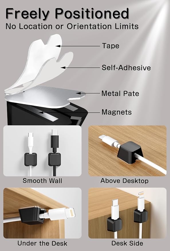 Viaky 8 Pack Magnetic Cable Clips, Large Size Under Desk Cable Management, Workspace Charger Organizer,Cord Holder with Adhesive Metal Disc, Office Desk Accessories for Nightstand Car Wall (Black)
