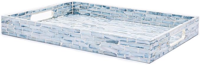 CLAYNIX Serving Tray 12.5 Inch, Wooden Lacquer Tray with Mother of Pearl Inlay, Elegant Tea & Breakfast Tray with Handles (Rectangle)